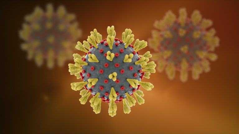 Coronavirus covid-19 yellow germs with light rays 3d render